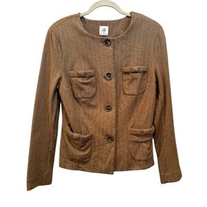 CAbi Women's Brown Herringbone Blazer Speckled Neutral Preppy Bows Sz M